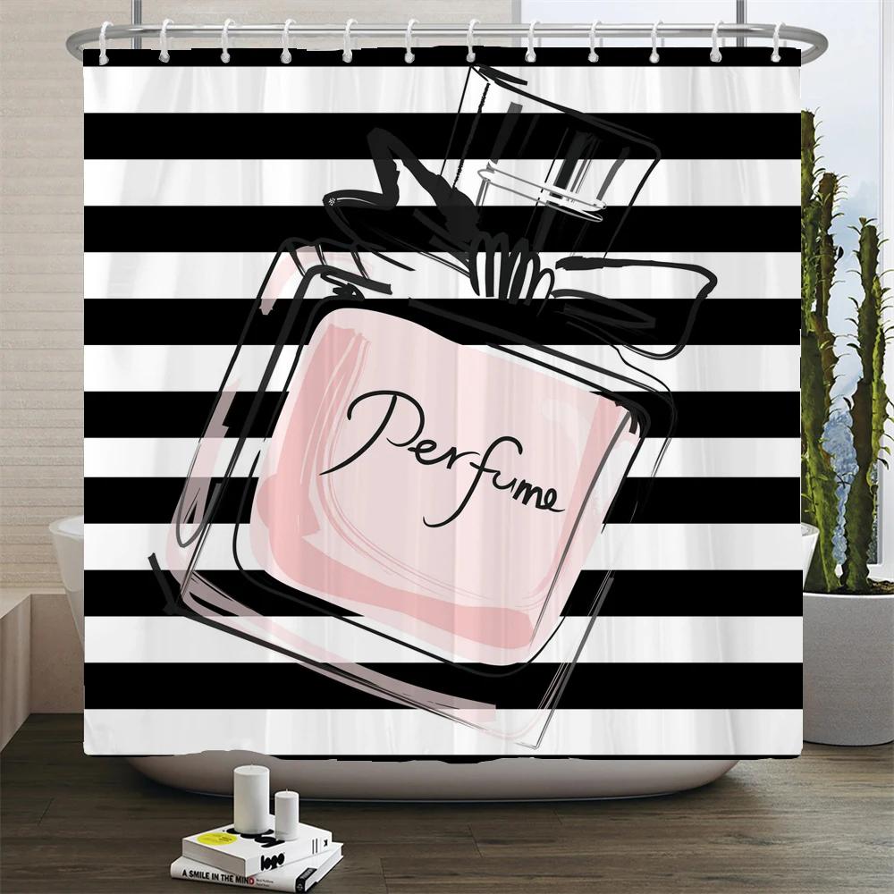 Perfume Bottle Flower Shower Curtain Set Black White Stripes Fashion Girl Woman Bathroom Decor Polyester Bath Curtains Hooks