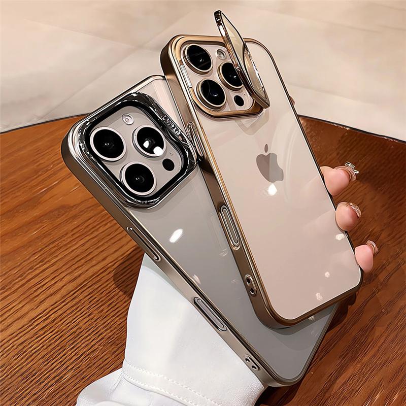 Fold Glass Lens Stand Holder Clear Case For 17 16 15 14 13 12 Pro Max Plus Plating Camera Protection Shockproof Cover