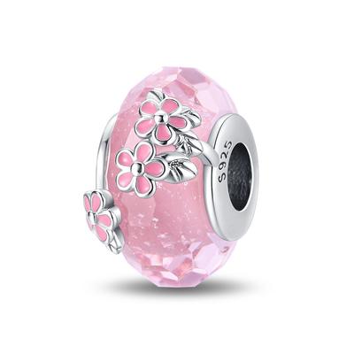 925 Silver Pink Glass Charm Pendant with Cubic Zirconia for DIY Bracelet Necklace Women Gift