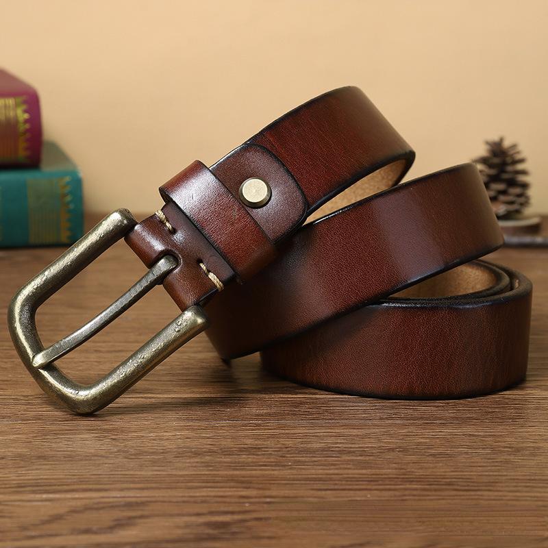 Belt Men's Pure Copper Pin Buckle Genuine Leather Retro Trendy Versatile Youth Casual Pants Belt
