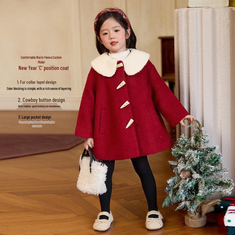 LUSON Girls' Red Wool Blend Turn-down Collar Overcoat
