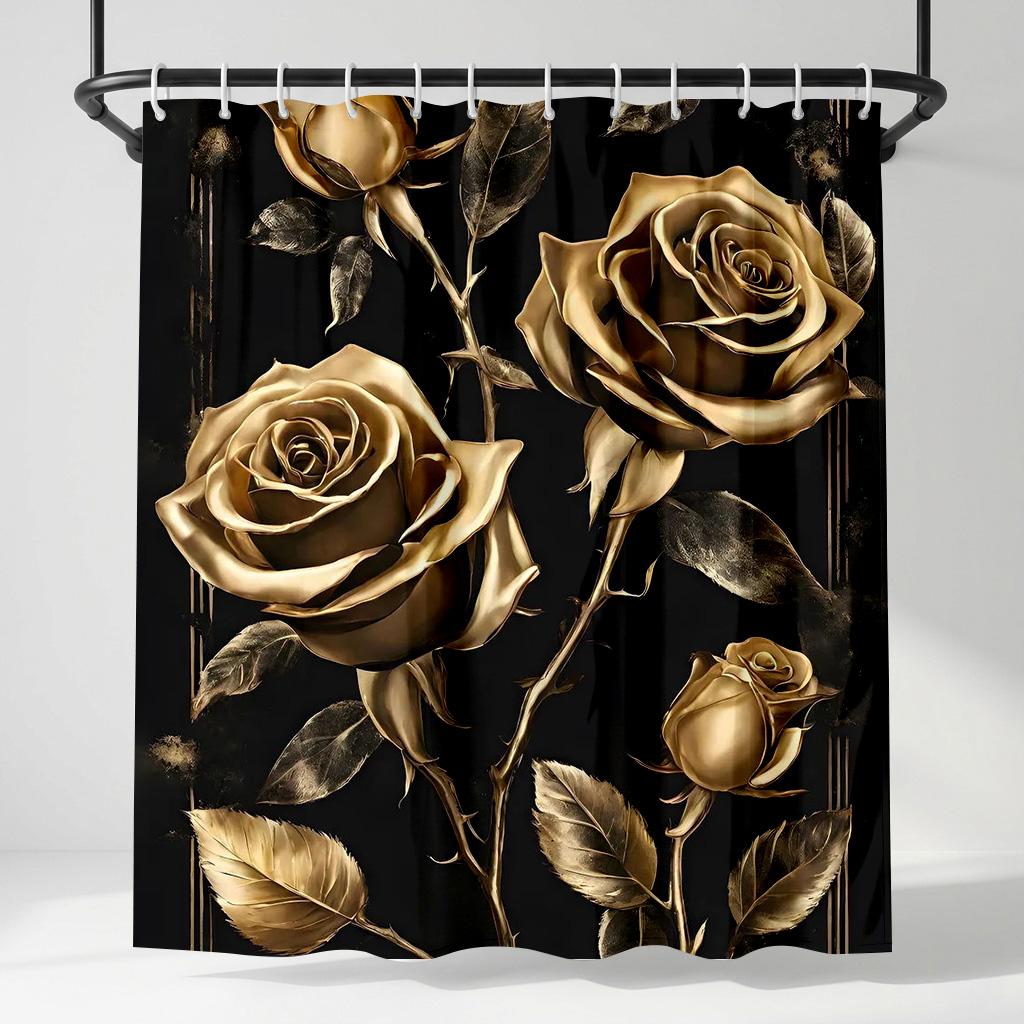 

Luxury Gold Rose Shower Curtain - Creative Black Floral Botanical Art - Indoor Home Bathroom Decor Artistic Bath Curtain W60H190(CM)-1 Pcs