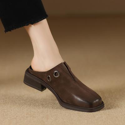 Fashion Elegant Women Summer New Square Toe Cowhide Genuine Leather Slides Shoes Office Ladies Work Med Heels Slip On Loafers Slippers