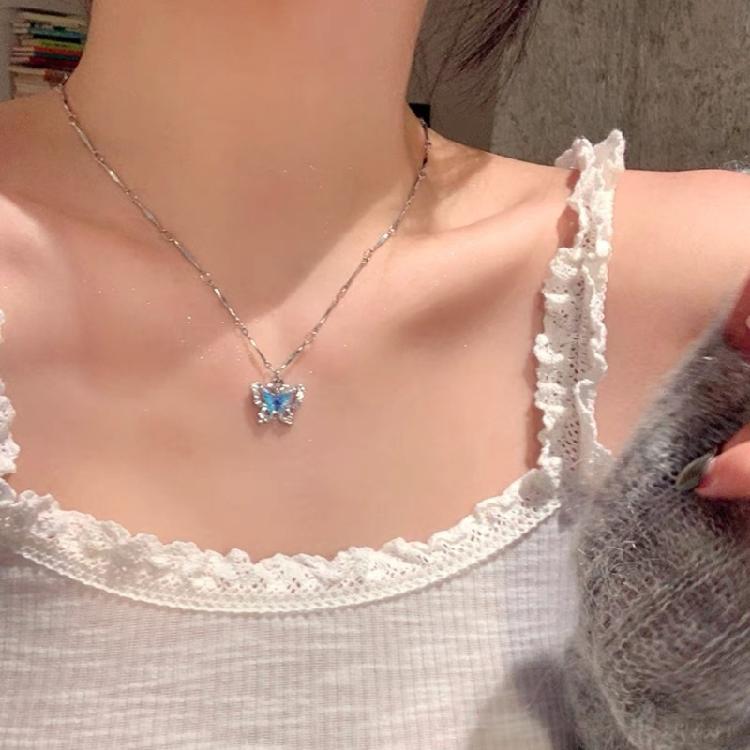 Blue Crystal Zircon Butterfly Necklace Set Double Layer Clavicle Chain Fashionable Women's Accessories for Party