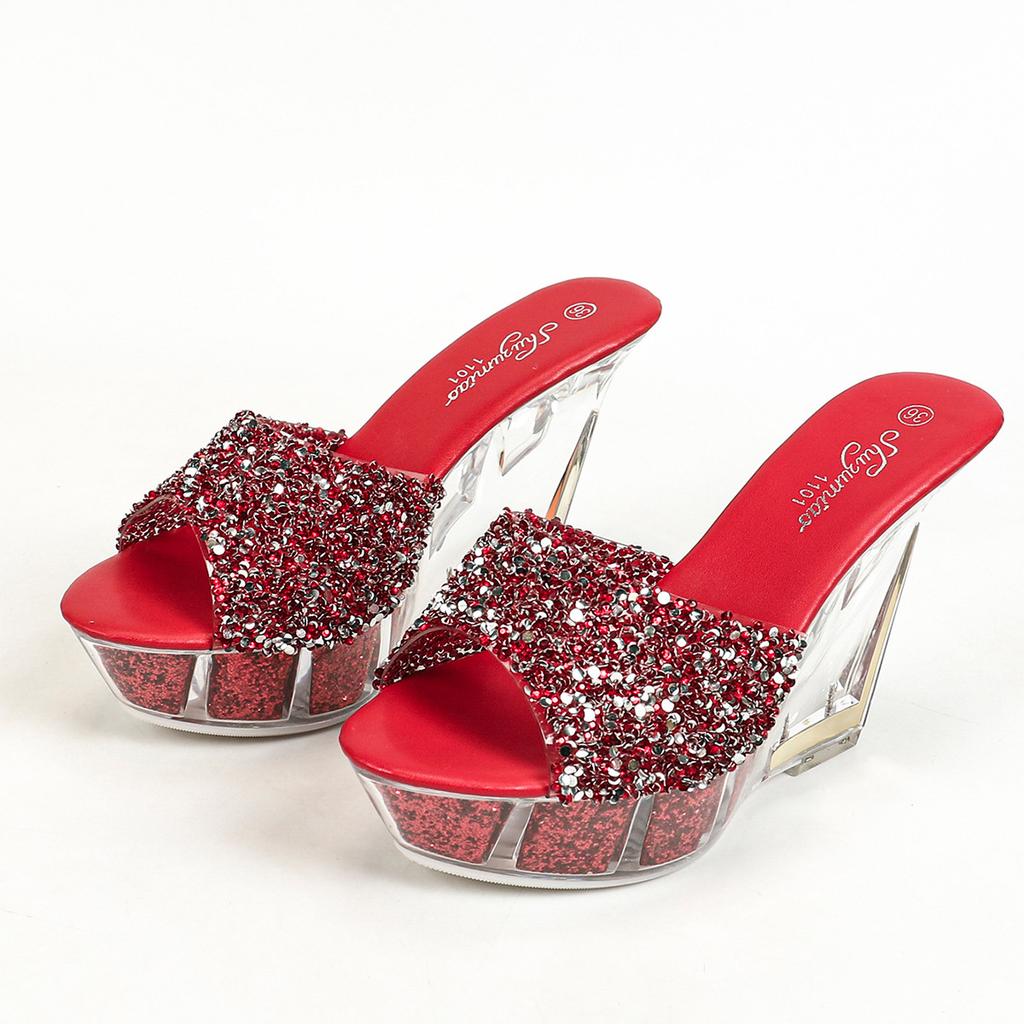 Slope Heel 11CM Nightclub High Heels Trendy Women's Shoes Hotel Nightclub Transparent Crystal Banquet Crystal Bottom