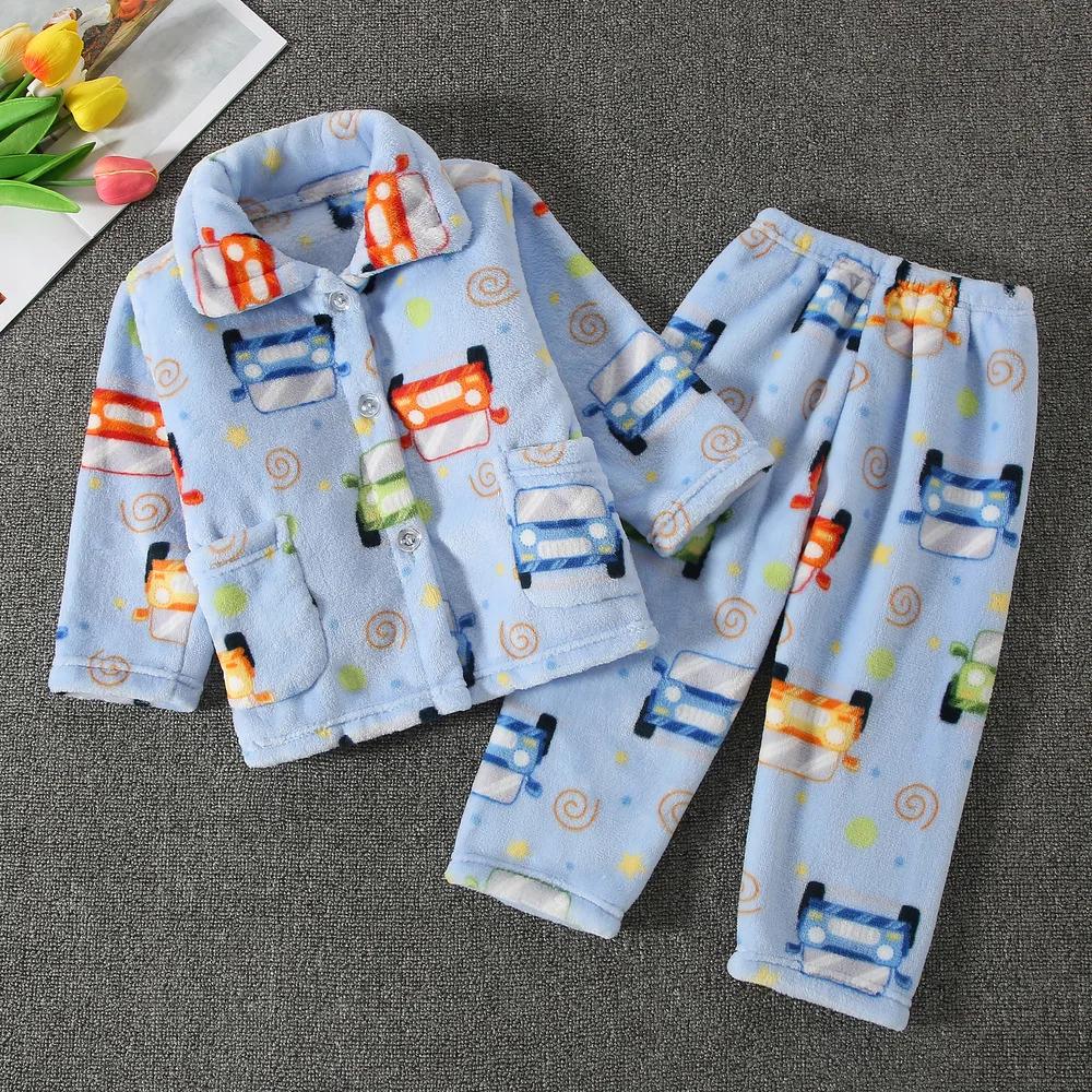 New  Kids Winter Soft Flannel Pajamas Clothing Sets Boys Girls Cartoon Thicken Warm Lapel Tops with Pants Pyjamas Sleepwear Casual Homewears