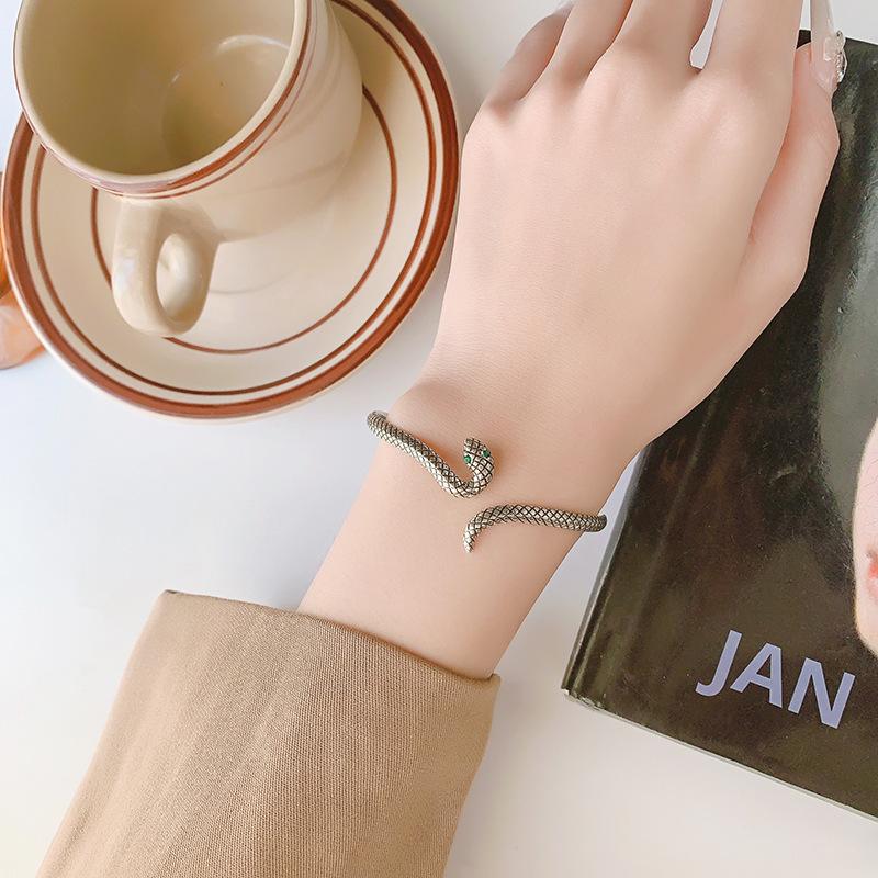 Retro Vintage Snake Bangle 925 Sterling Silver Jewelry Green-Eyed Stone Personality Animal Opening Bracelets TYB641