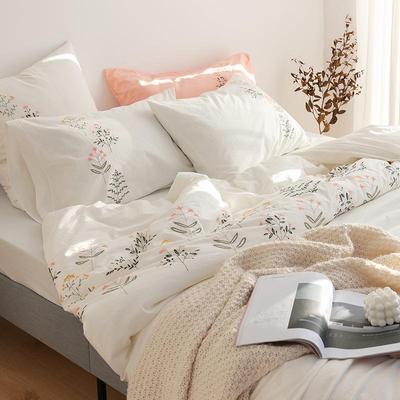 Artistic Japanese Cotton Embroidered Bedding Set, 4-Piece: Solid Color Duvet Cover & Sheets