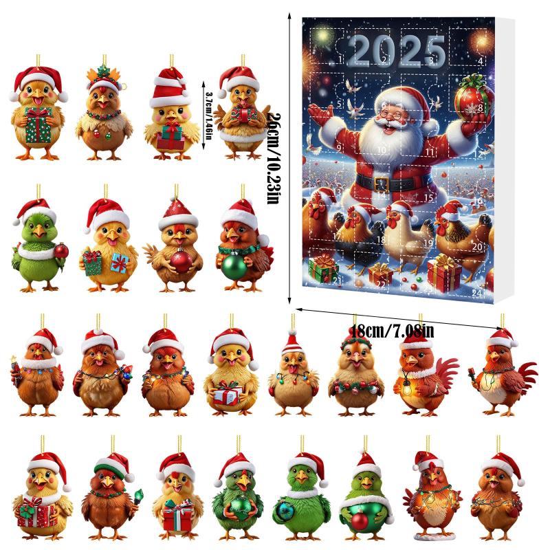 Advent Calendar 2025 Chicken With Santa Hats 2D Hanging Ornament Christmas Countdown Calendar Christmas Tree Decoration