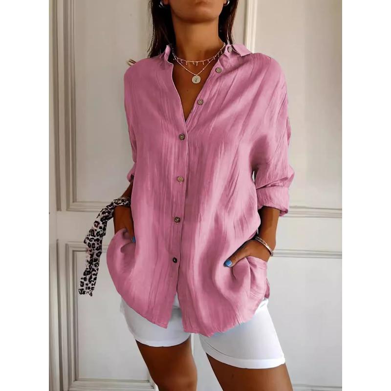 New Single-breasted Pleated Lapel Shirt Women's Solid-color Sleeved Top