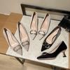 French soft leather temperament high heels Korean version metal buckle shallow mouth single shoes women's professional OL pointed thin heel women's