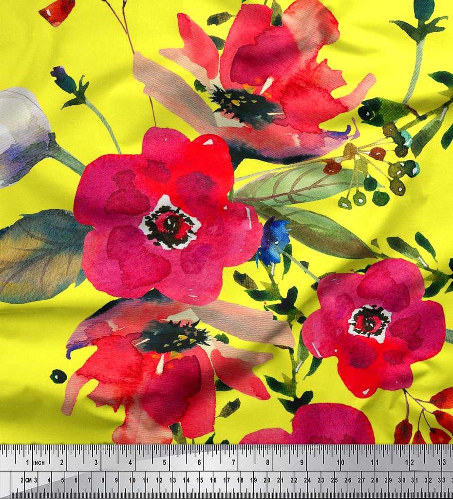 Soimoi Japan Crepe Satin Fabric Leaves & Poppy Flower Print Sewing Fabric Metre 42 Inch