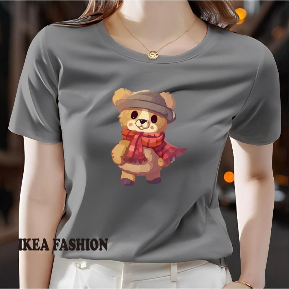 Ladies' casual short sleeved round neck T-shirt - cute cartoon bear pattern printed fashionable