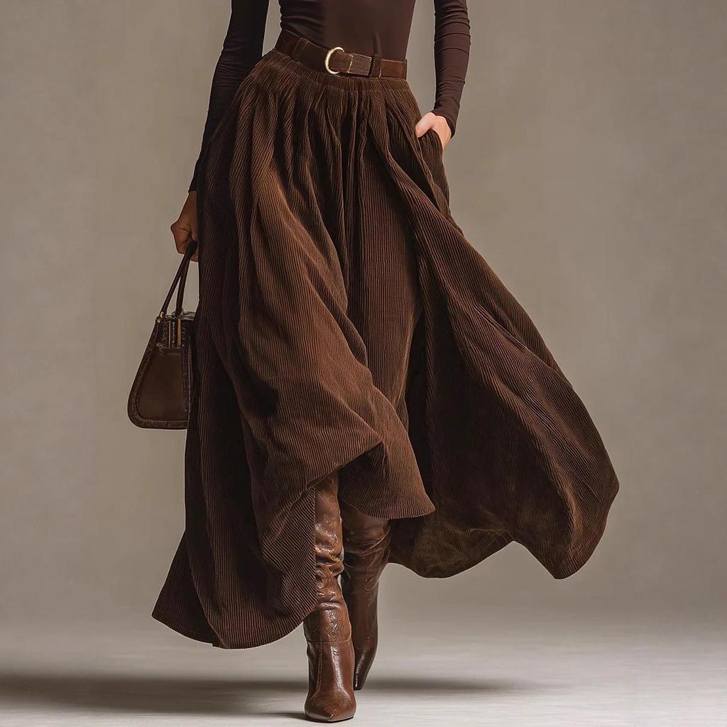2025 Women's Retro Corduroy High Waist Flare Skirt & Solid Base Layer Top - Spring/Autumn
