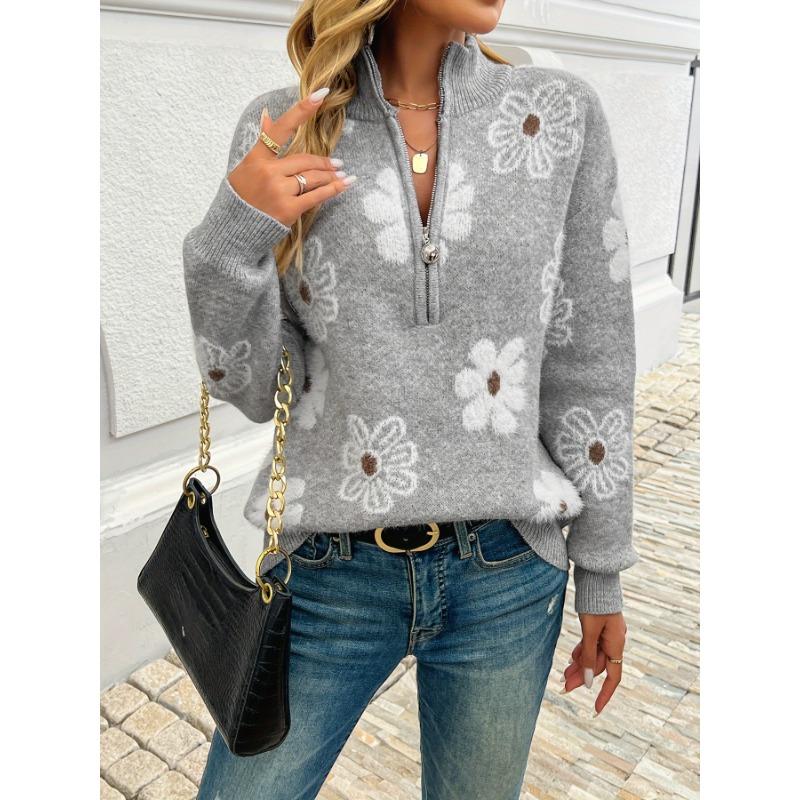 Floral Pattern Half-zip Sweater - European and American Style with Dropped Shoulders