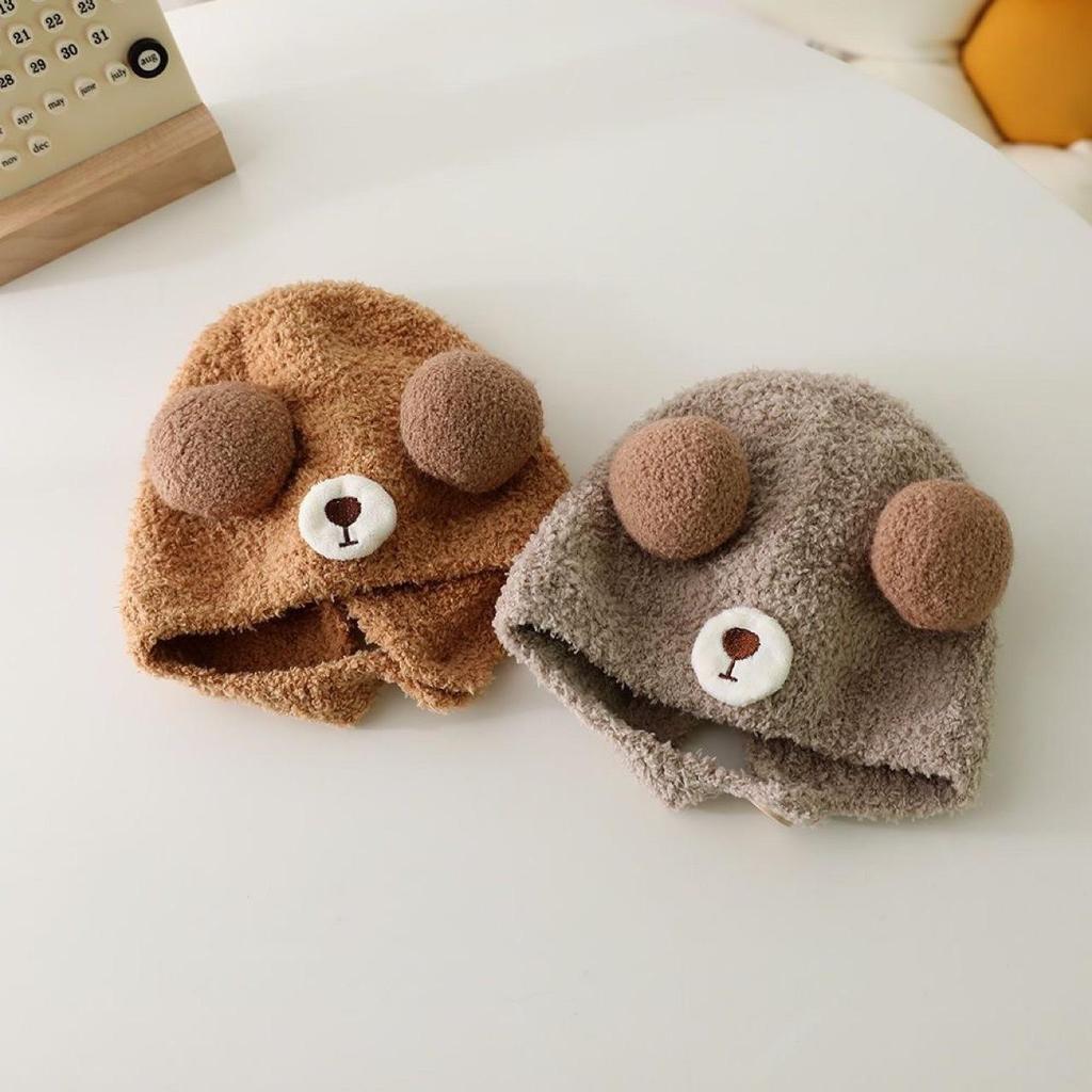 Cute Bear Baby Beanie Cap Autumn Winter Warm Infant Boys Girls Ear Protection Cap Cartoon Solid Color Toddler Hat Bonnet