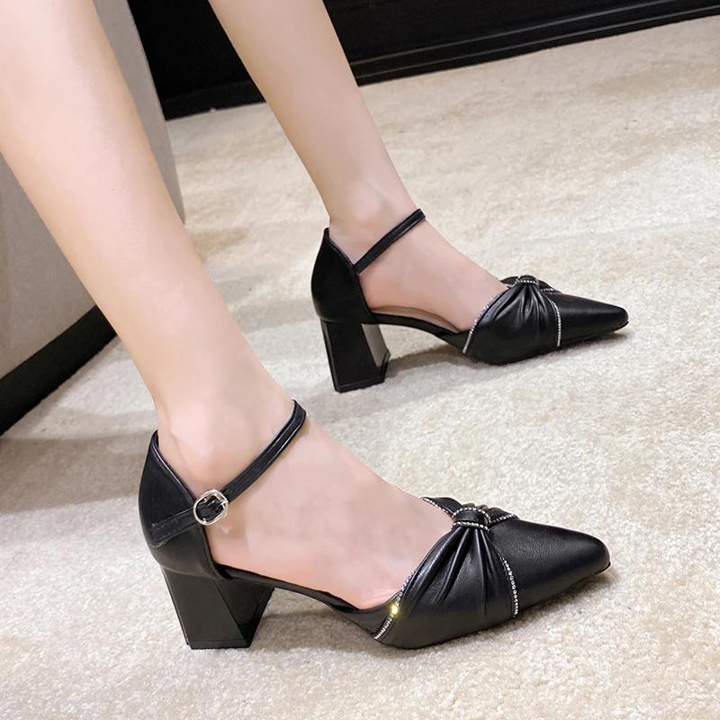 Fashion Shoes Female 2025 Fashion Ankle Strap Women's Pumps Autumn Pointed Toe Solid Color Shoes Ladies Chunky Heels Sexy Dress Heels