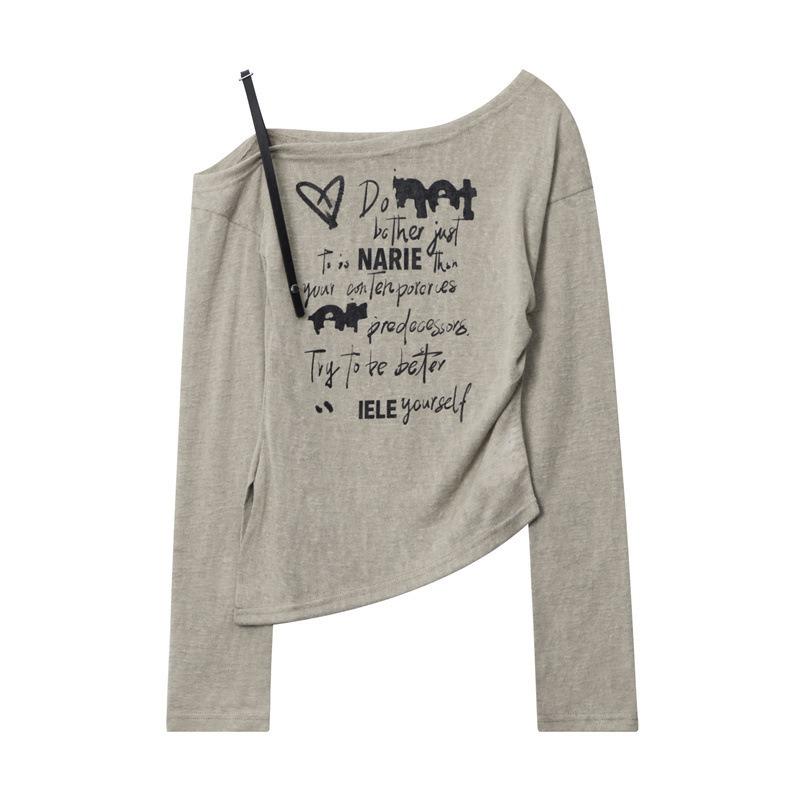 

Весенне-летняя женская футболка Spice Girls с оборками на плечах и буквами, свободная, короткая, с длинными рукавами L кофейный