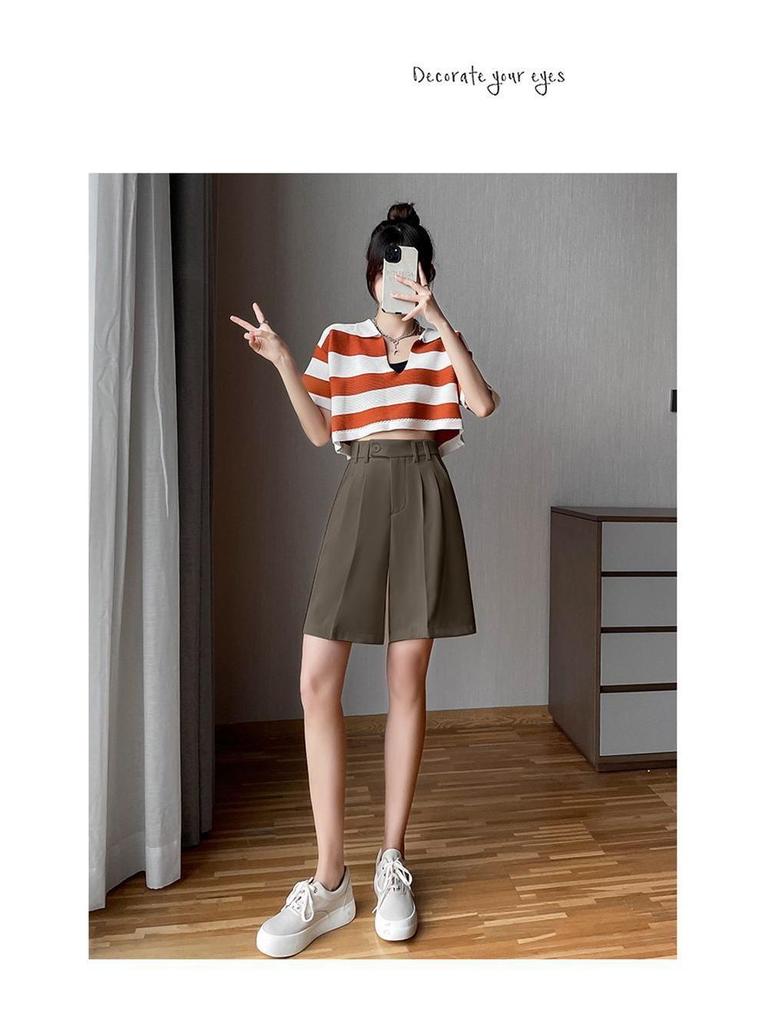 Women's High-Waist Black Bermuda Shorts: Summer, Loose, Straight-Leg, Slimming A-Line, Hong Kong Style.