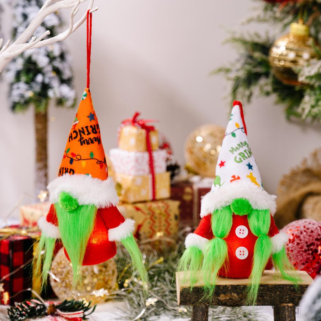 Charming Christmas Grinch Gnome Ornament With Lights Soft Fabric Holiday Decor