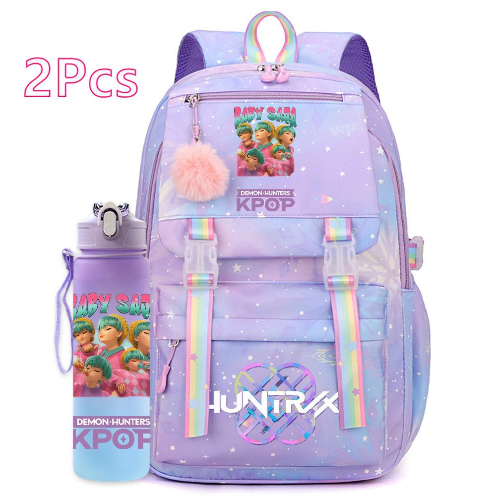 2 st/set Söt Anime Kpop Tryckt Ryggsäck 750 ml Vattenflaska Stor Kapacitet Resväska för Tonårsflicka Pojke Bokväska Barnpresent Rucksak