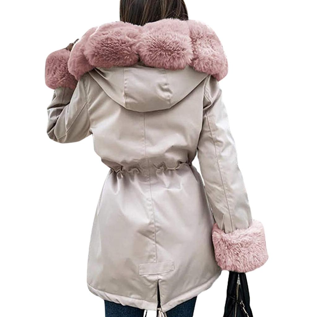 Damen Kapuzenjacke mit langen Ärmeln, warm, aus Baumwolle, mit abnehmbarem Pelzkragen