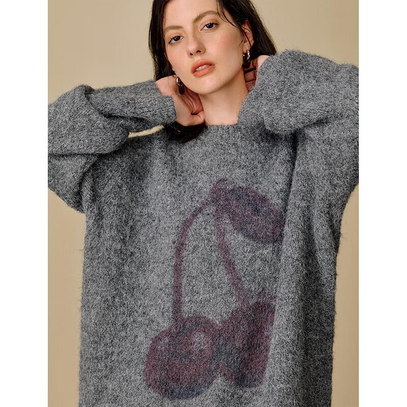 INMAN Women's 2025 Winter Cherry Jacquard Crew Neck Sweater