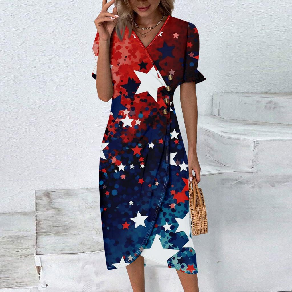 Strandkleider für Damen Frühling Sommer Elegant Wickel V-Ausschnitt Unabhängigkeitstag Print Kleid Fließend Gerafft Hawaiianisches Maxikleid