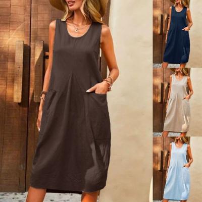 Summer Women's Cotton Linen Sleeveless Solid Color Loose U-neck Dress