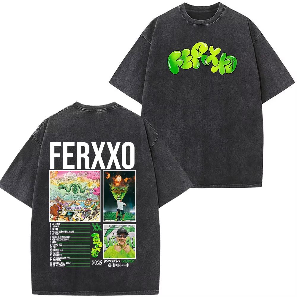 Summer Hot Sale Rapper Feid Ferxxo Tour 2026 Print Vintage Washed Tees Men Women Fashion T-shirts Hip Hop Streetwear Gothic Cotton Oversized T-shirt