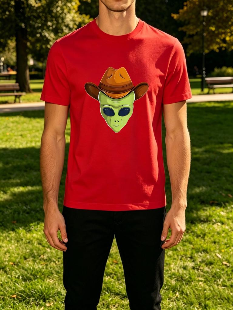 Cowboy Hat Wearing Green Alien Head Funny Cartoon Art Graphic Unisexs Crew Neck Short Sleeve Tee Casual Daily Soft Basic Wear Top
