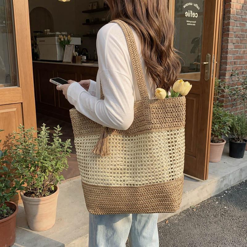 Woven Straw Tote with Tassel Accent and Spacious Interior for Summer Beach or Casual Daily Use