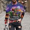 Round Neck 3D Christmas Printed Top Casual Long Sleeved Men's T-shirts - Soft Medium Stretch Polyester Fabric Spring and Autumn Relaxed Fit Clothing