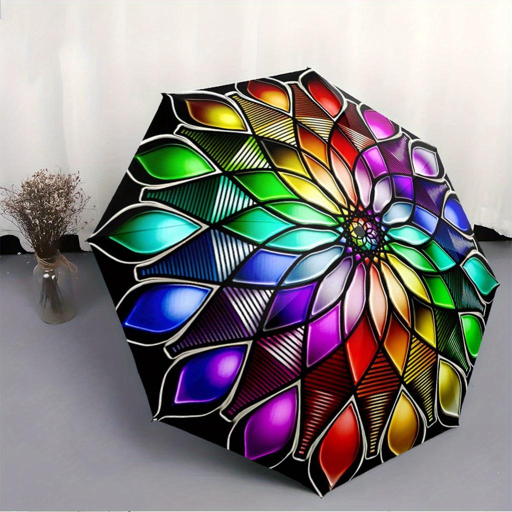Open/Close Folding Umbrella with Mandala Pattern - Raining Gear for Travel Umbrella, Compact Colorful Petals, All- Portable Umbrella for & M