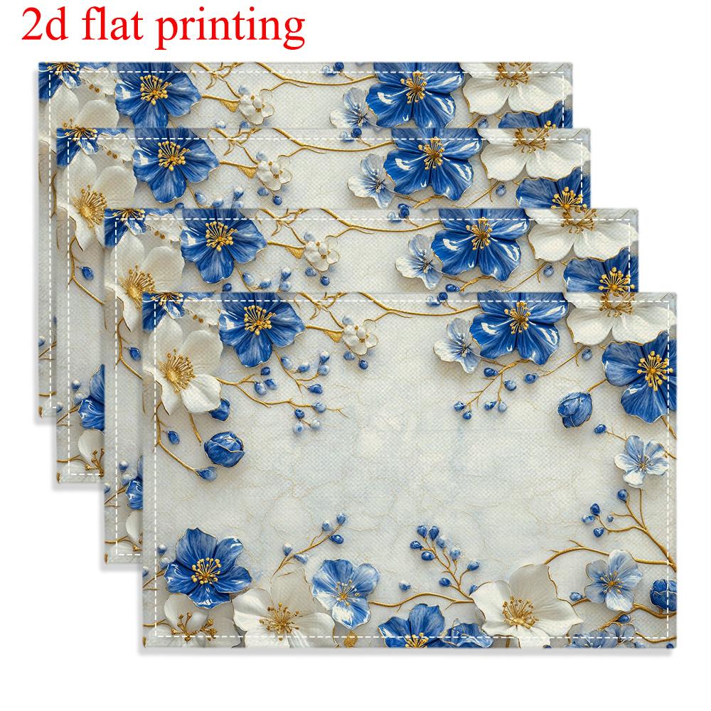 4pcs 2D FLAT Digital Print Placemats, Blue and White Floral with Golden Vines, Light Luxury Style Patterned Printed Placemats, To Make Your Dining