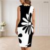 Women Plus Size V Neck Sleeveless Black White Printed Bodycon Midi Dress