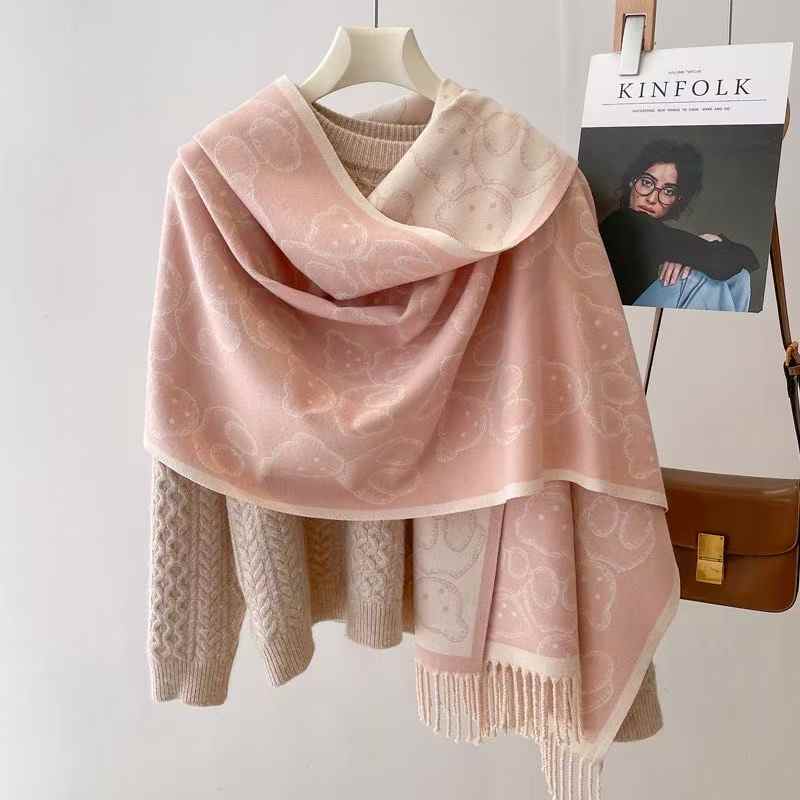 Women's Cute Bear Printed Faux Cashmere Scarf with Tassel Korean Style Versatile Warm Shawl for Winter