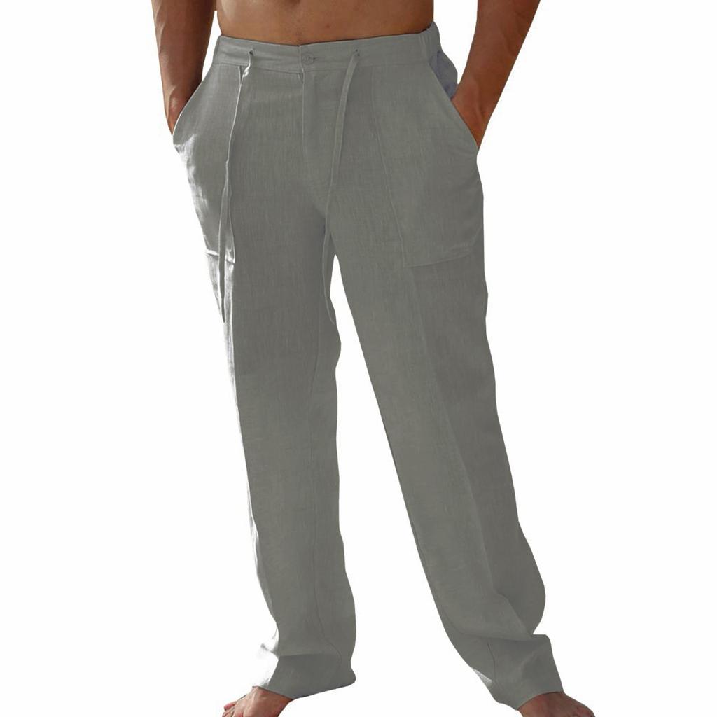 Men's Casual Linen Patch Bag Loose Drawstring Straight Leg Summer Beach Yoga Pants