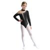Girls Sparkly Rhinestones Gymnastics Leotard Long Sleeve Keyhole Back Sheer Mesh Patchwork Bodysuit Figure Skating Competition