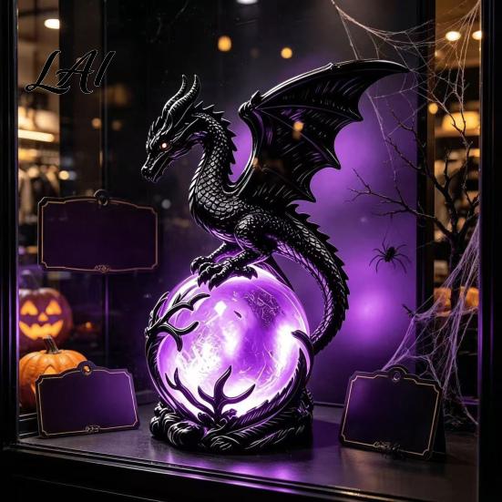 Fantasy Collection Item Gothic Dragon Night Light Resin Statue with Purple Glowing Crystal Unique Holiday Gift for Lovers Sphere Table Lamp