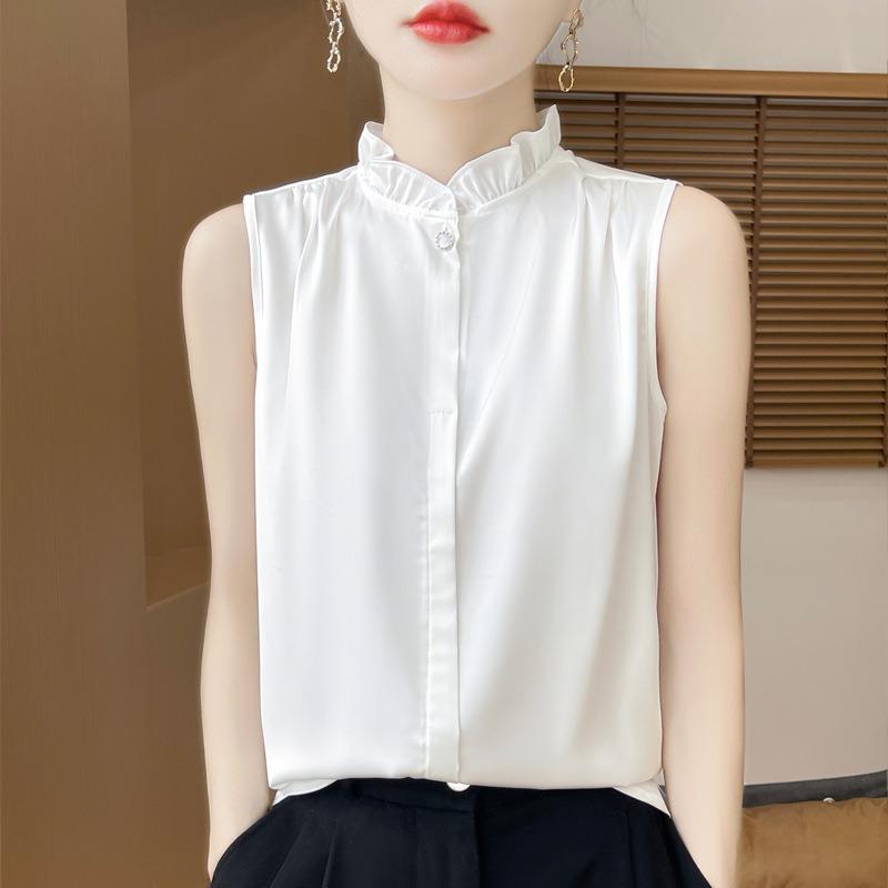 Women Beige Sleeveless Blouse With Ruffle Neck And Button Down Casual Silk Like Summer Top