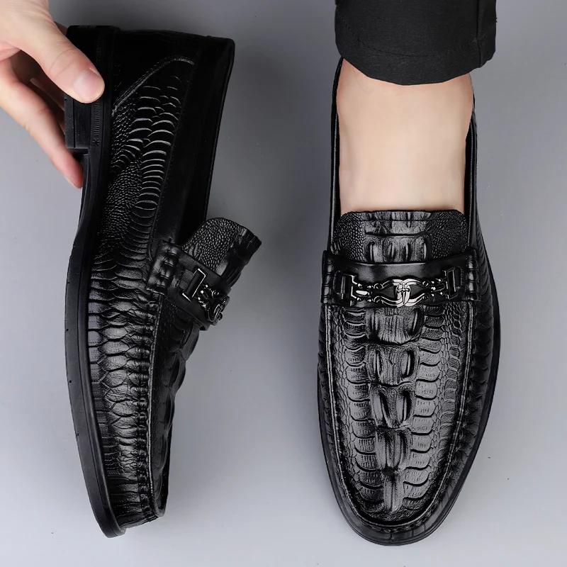 Fashion New Crocodile Pattern Summer Loafers Luxury Brand Slip on Flats Genuine Leather Dress Driving Moccasins Casual Leather Footwear