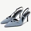 Fashion Designer Blue Denim Slingback Buckle Strap Women Pumps Sexy Pointed Toe High Heels Elegant Party Dress Shoes Zapatos De Mujer