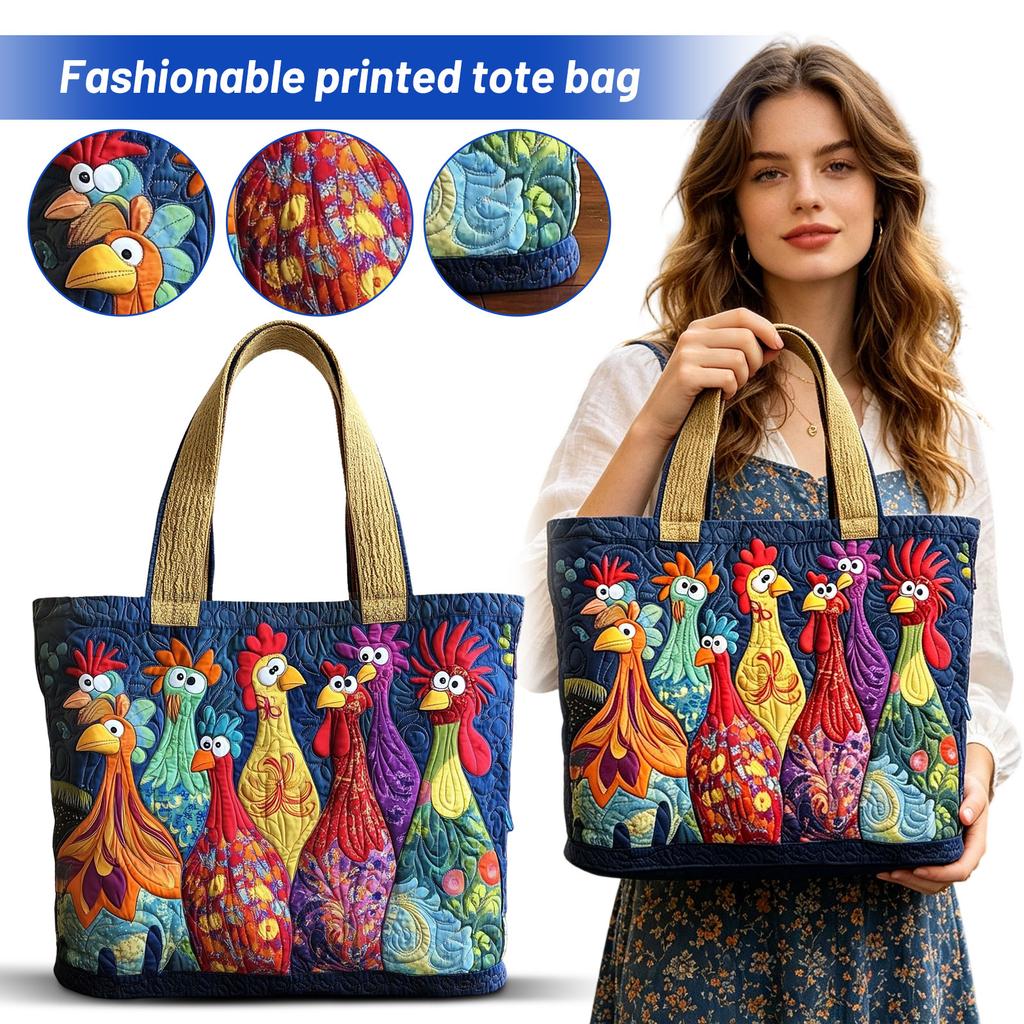 Quilted Tote Bag with Digital Print Chicken Design Durable Fabric Sturdy Handles Spacious Interior Lightweight Carrying Capacity