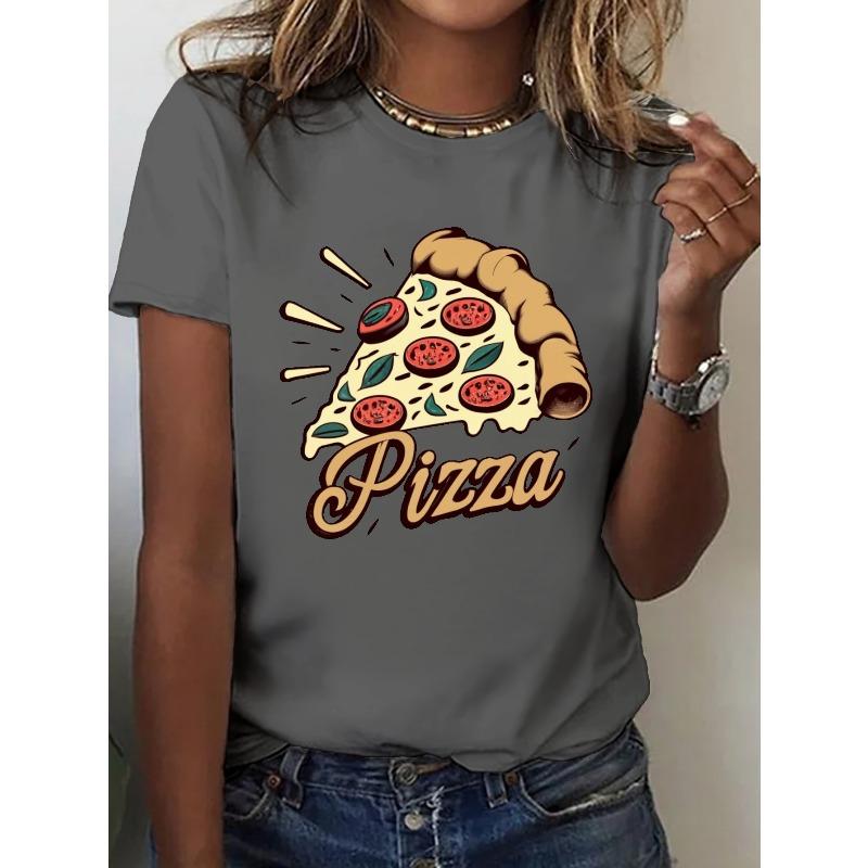 A Retro Pizza Graphic Tee, Short-Sleeved Crew Neck Casual Shirt Perfect for Spring and Summer, Designed for Women.