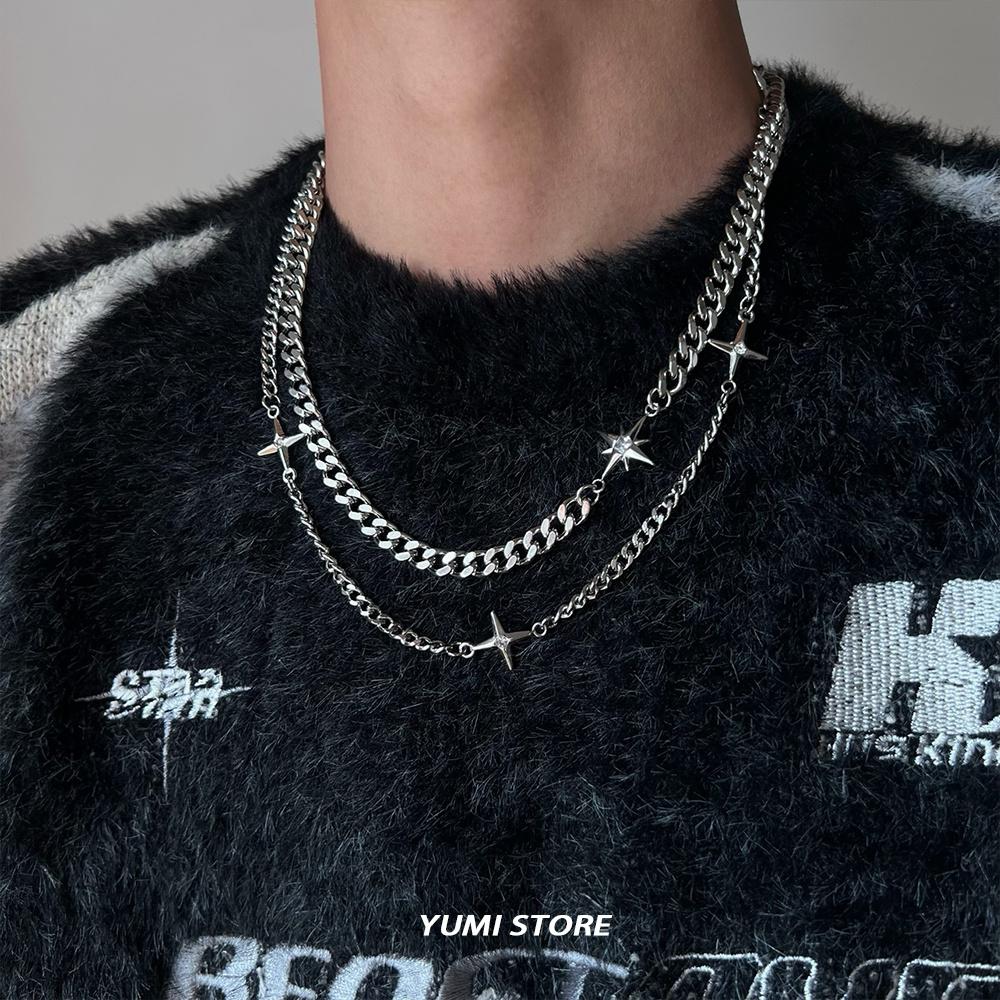 Hip Hop Double-layer Star Cross Necklace For Man Woman Titanium Steel Clavicle Chain Choker Punk Male Accessories