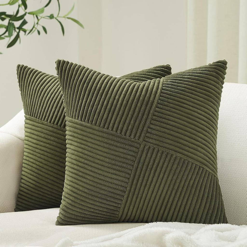 2pcs Bohemian Style Corduroy Throw Pillow Covers, Soft Striped Patchwork Design, Zippered Polyester Square Cushion Cases for Sofa, Bed