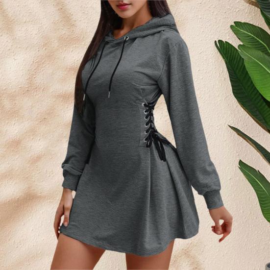Damen Sweatshirt Kleid Lässig Langarm Kordelzug Kapuzenkleid Pullover Tunika Seite Schnürung A-Linien Kleid