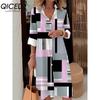 QICED Women Fashion Spring Autumn Color Block Print Long Sleeve Polo Collar Loose Waist Casual Dresses