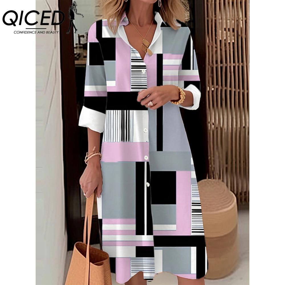 QICED Women Fashion Spring Autumn Color Block Print Long Sleeve Polo Collar Loose Waist Casual Dresses